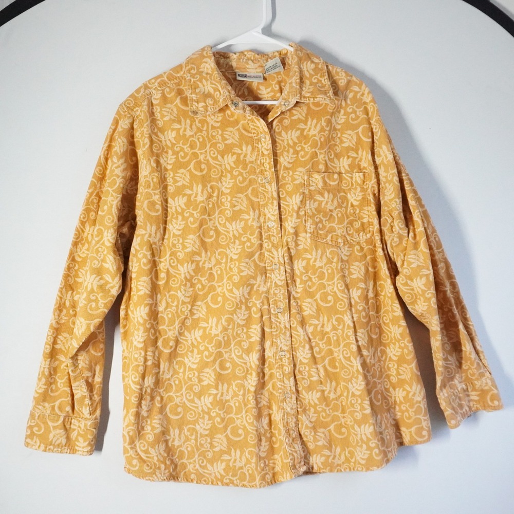 VTG Faded Glory Corduroy Button Snap Shirt Yellow Floral Long‎ Sleeve 22 24W